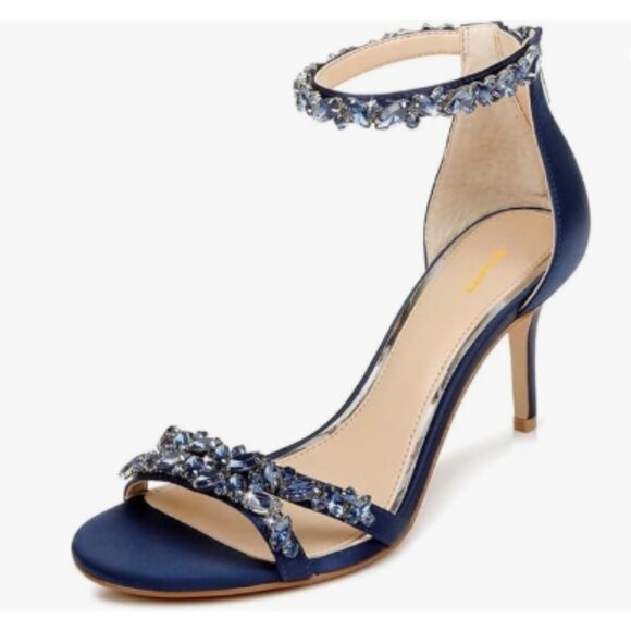 XYD Navy High Heel Rhinestone Strappy Sandals Open Toe Ankle Strap Prom Shoes - Picture 1 of 8
